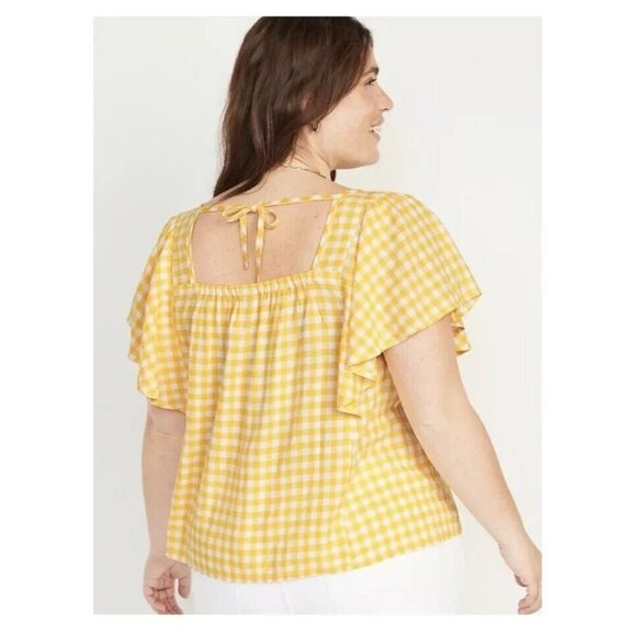 Old Navy Linen Blend Top Blouse Womens Plus 2X Yellow Gingham Tie Back Peasant - Picture 3 of 10